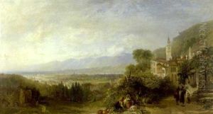 An Extensive Italianate Landscape With Figures by James Baker Pyne