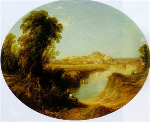 River Landscape With Figures Resting Along The Bank, A Hilltop Town Beyond - view 1