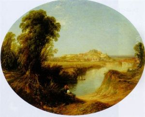 River Landscape With Figures Resting Along The Bank, A Hilltop Town Beyond by James Baker Pyne