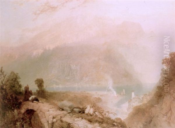 An Extensive View Of A North Italian Lake (lake Como?) Snow-covered Alps Beyond, Supplicants On A Bridge In The Foreground - view 1