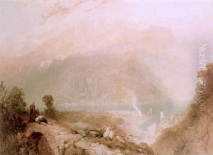 An Extensive View Of A North Italian Lake (lake Como?) Snow-covered Alps Beyond, Supplicants On A Bridge In The Foreground by James Baker Pyne