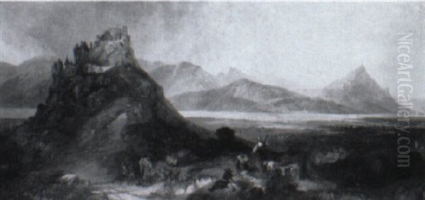 Figures On A Rocky Outcrop Of A River Valley - view 1