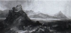Figures On A Rocky Outcrop Of A River Valley by James Baker Pyne
