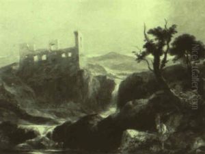 Landscape With Castle And Ruin And A Fisherman by James Baker Pyne