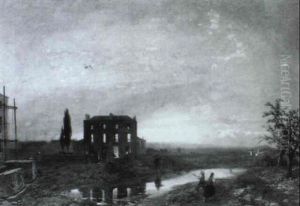 Children Playing Before A Ruined House In Landscape by James Baker Pyne