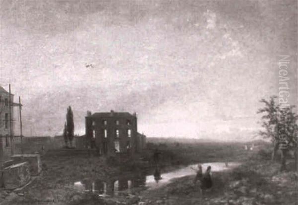 A House Burning At Sunset In A River Landscape - view 1