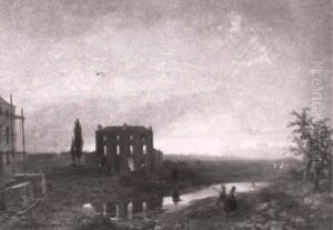 A House Burning At Sunset In A River Landscape by James Baker Pyne