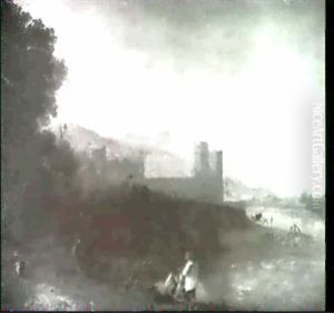 Figurenstaff. Flusslandschaft Mit Holzerner Bogenbrucke,    Die Ein Mann Mit Zwei Saumtieren Und Einem Hund Uberquert.
