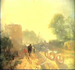 Laying Monster Tubes From The New River, Foggy Morning by James Baker Pyne