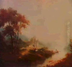 Romantic Pastorale With Castle Ruin, Fishing Boat Leaving Shore. by James Baker Pyne