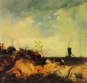 Country Folk On A Path By A Sand-dune, With Windmills Beyond by James Baker Pyne