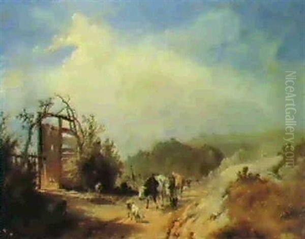 A Wooded Landscape, With A Drover, Cattle And Goats On A Path, A Castle And Church On Hills Beyond - view 1