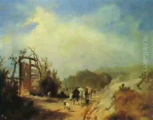 A Wooded Landscape, With A Drover, Cattle And Goats On A Path, A Castle And Church On Hills Beyond