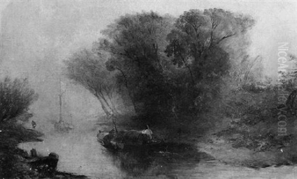 Wooded River Landscape With A Figure Towing A Boat - view 1