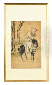 Qian Weicheng: Framed Ink And Color On Silk Painting 'horse Rider Qian Weicheng: Framed Ink And Color On Silk Painting 'horse Rider