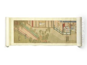 A Vivid Imperial Garden Scene, Courtiers Engaging In Various Activities, Trees And Rocks Accentuating The Garden Scenery Amongst Elaborate Palace Architecture by Qiu Ying