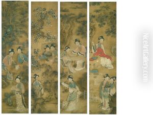 Beauties In A Garden (4 Works) by Qiu Ying