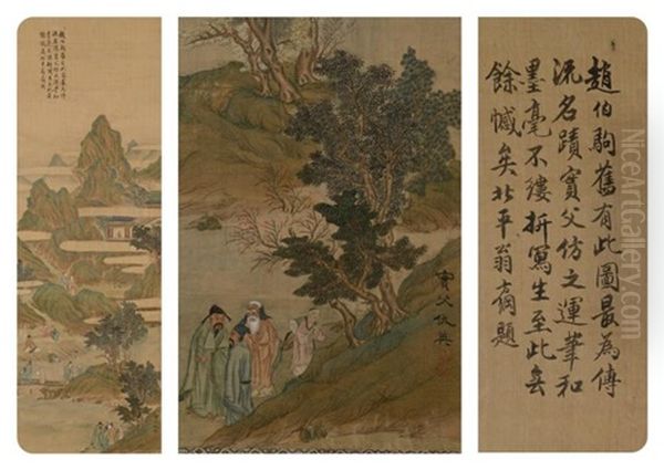 Personnages Evoluant Dans Un Paysage Lacustre Surplombe De Montagnes Et De Pagodes - view 1