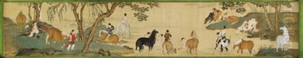 Grooms Bathing Their Horses - view 1
