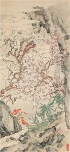 A Painting Of Birds And Flowering Prunus A Painting Of Birds And Flowering Prunus