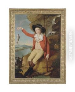 Portrait Of A Boy, Full-length, Holding A Fishing Rod And A Perch In A River Landscape, A Church Beyond by Martin Ferdinand Quadal