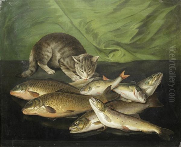 A Crouching Cat With Bream, Salmon, Perch And Trout On A Stone Ledge - view 1