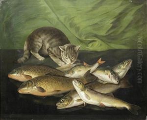 A Crouching Cat With Bream, Salmon, Perch And Trout On A Stone Ledge by Martin Ferdinand Quadal