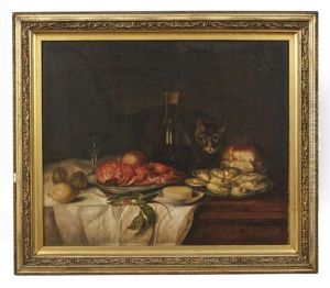 A Still Life Of Shellfish, A Carafe Of Wine, Lemons, Bread And Cheese With A Cat On A Tabletop