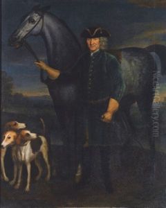Portrait Of A Gentleman, Holding A Grey Hunter, With Three Hounds, In A Landscape