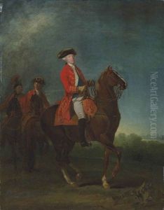 Equestrian Portrait Of A Gentleman (king George Iii (1738-1820)?), Full-length, In A Scarlet Military State Coat With The Ribbon Of The Garter... by Martin Ferdinand Quadal