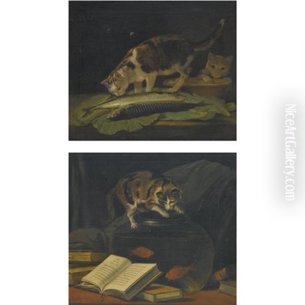 Cat Examining Two Fish On A Table And A Cat Exploring An Earthenware Bowl(+ Cat Crouching Over A Glass Goldfish Bowl, Lrgr; Pair) - view 1