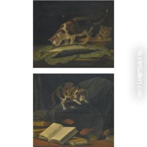 Cat Examining Two Fish On A Table And A Cat Exploring An Earthenware Bowl(+ Cat Crouching Over A Glass Goldfish Bowl, Lrgr; Pair) by Martin Ferdinand Quadal