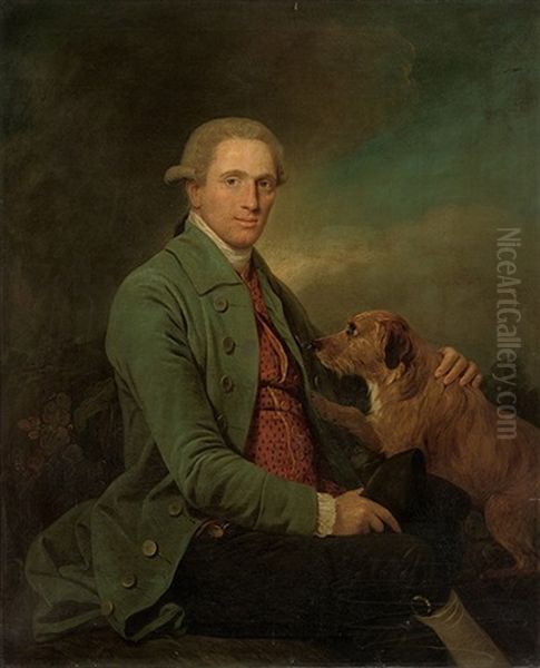 Portrait Of A Gentleman In A Blue Coat And Red Waistcoat, With His Dog In A Landscape - view 1