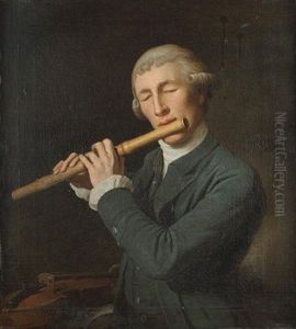 Portrait Of A Gentleman (clemenshaw, Organist Of Wakefield?) In A Blue Coat, Playing The Flute, A Violin On A Table Nearby