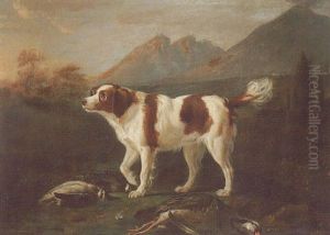 A Red And White Spaniel, With Dead Game In A Landscape With Vesuvius In The Background by Martin Ferdinand Quadal