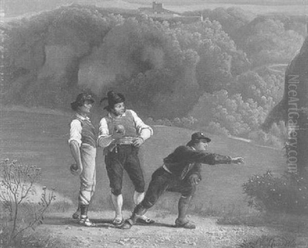 Drei Manner In Der Landestracht Beim Boccia - view 1