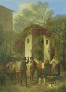 Italienische Bauernschenke Mit Streitenden Burschen Und Einer Magd Am Brunnen by Carl Max Gerlach Quaedvlieg