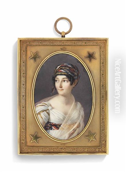 A Young Lady, Traditionally Called Josephine De Beauharnais (1763-1814), Empress Of The French And Queen Of Italy, In Gold-trimmed White Dress With Striped Sash Around Waist And Corresponding Turban - view 1