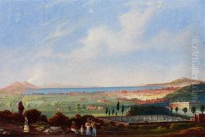 Figures On A Track Before The Bay Of Naples by Domenico II Quaglio
