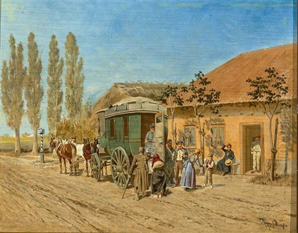 Vierspannige Kutsche Halt An Einer Relaisstation Auf Dem Land - view 1