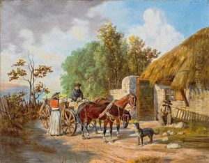 Zweispanniges Fuhrwerk Und Plaudernde Ungarn Vor Reetgedeckter Kate An Einem Sonnigen Spatsommertag Zweispanniges Fuhrwerk Und Plaudernde Ungarn Vor Reetgedeckter Kate An Einem Sonnigen Spatsommertag