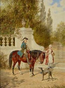 Kavalier Mit Windhund Begegnet Einer Dame An Einer Parktreppe