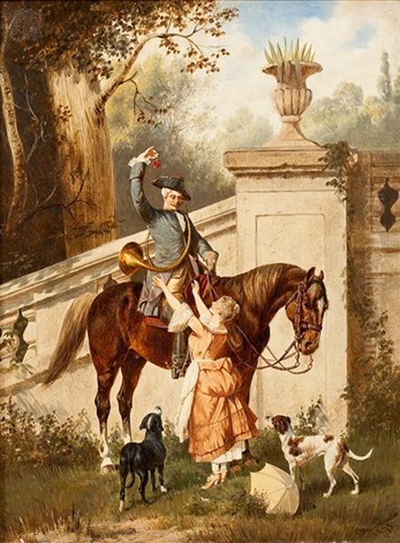 Parforcereiter Bei Der Begrusung Eines Madchens (+ Parforcereiter Mit Hund Und Wartendem Madchen Am Parktor; 2 Works) - view 1