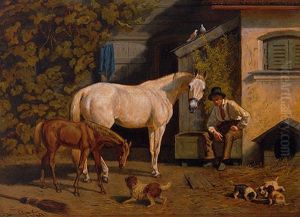 Stute Mit Fohlen Vor Bewachsenem Gehoft by Franz Quaglio