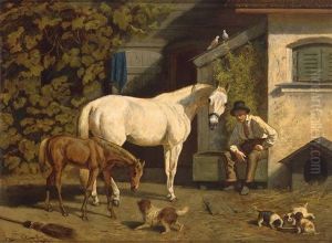 Landliche Idylle Auf Einem Gut, Auf Dem Vorplatz Stute Mit Fohlen Und Hundin Mit Welpen
