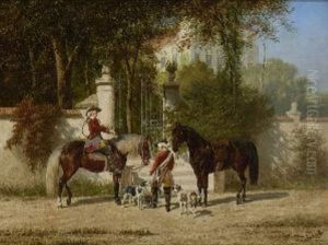 Parforcejager Mit Hunden Am Parktor by Franz Quaglio