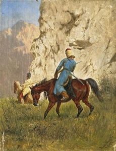 Tscherkessen Zu Pferde In Gebirgslandschaft