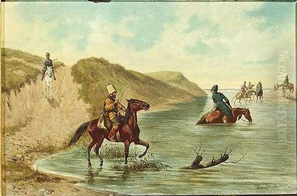 Tscherkessen Zu Pferd Uberqueren Einen Fluss - view 1