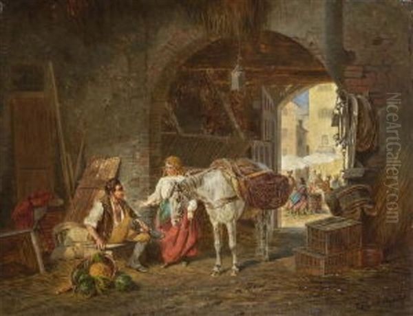 Italienisches Bauernpaar Mit Lasttier Im Stall - view 1