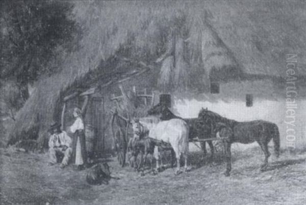 Thatched Roof House With Figures, Cart And Horses - view 1